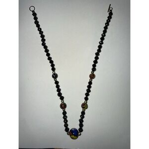 Vintage Millefiori Glass and Black Faceted Bead Necklace 18"